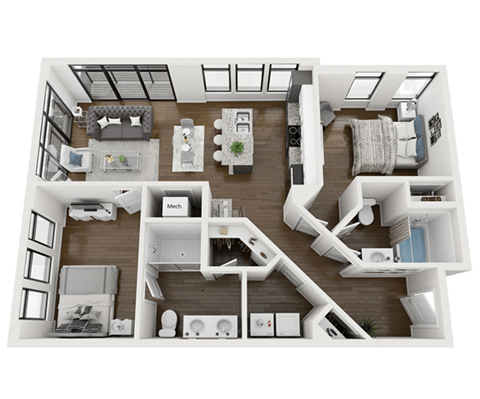 a 3d rendering of our 1 bedroom apartment at the crossings at white marsh apartments in white
